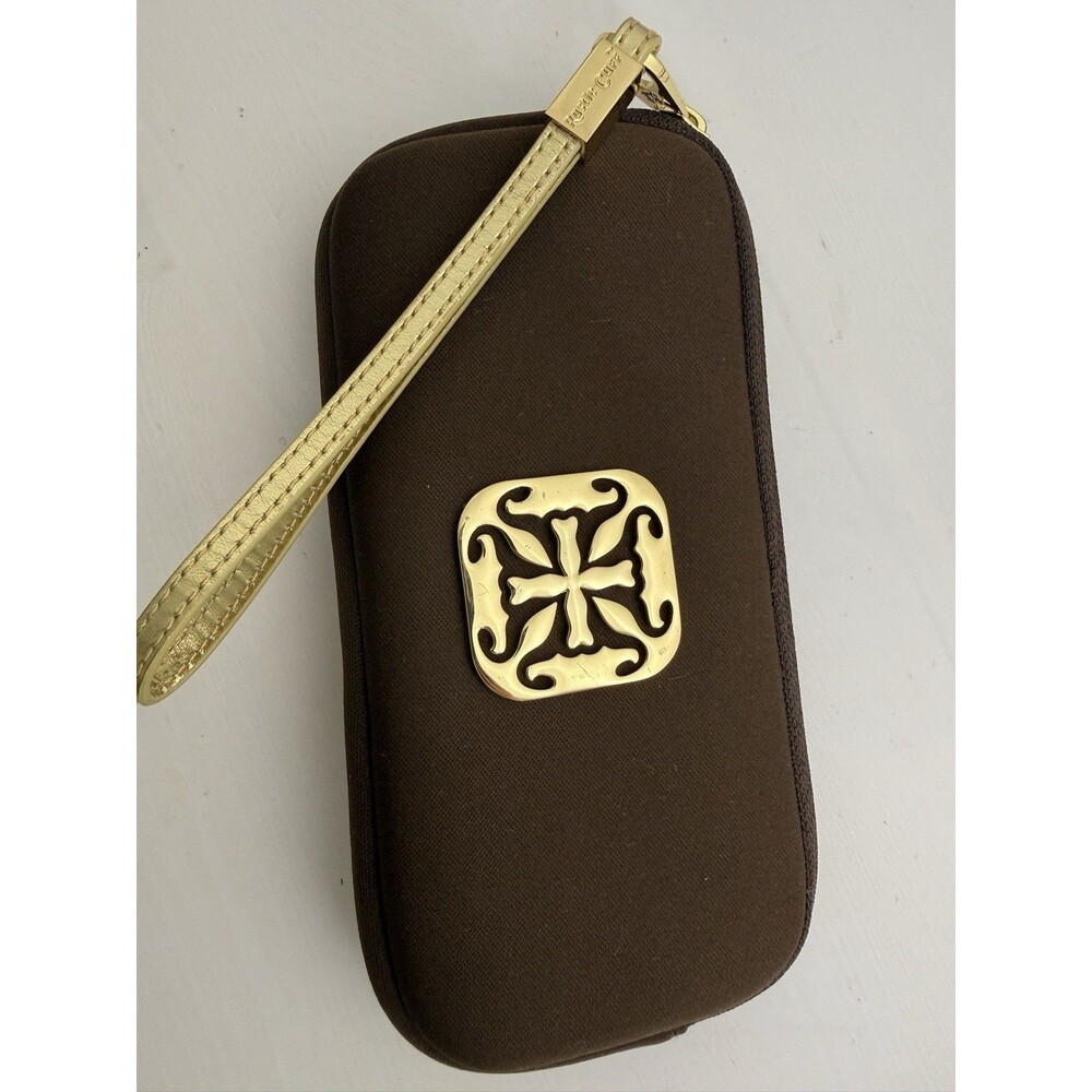 Rustic Cuff Brown Wristlet Wallet Clutch Gold Tone Logo Zip Around Case